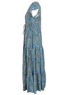 Blue floral print on aqua base rayon dress with generous skirt, tulip cap sleeves and drawstring