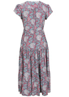 Blue based pink and white floral print rayon short sleeve dress with pockets.