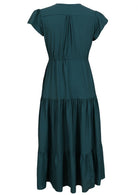 Teal green maxi dress with buttons on a white background back view