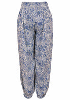 White based blue floral print harem pants with elasticated back waistband