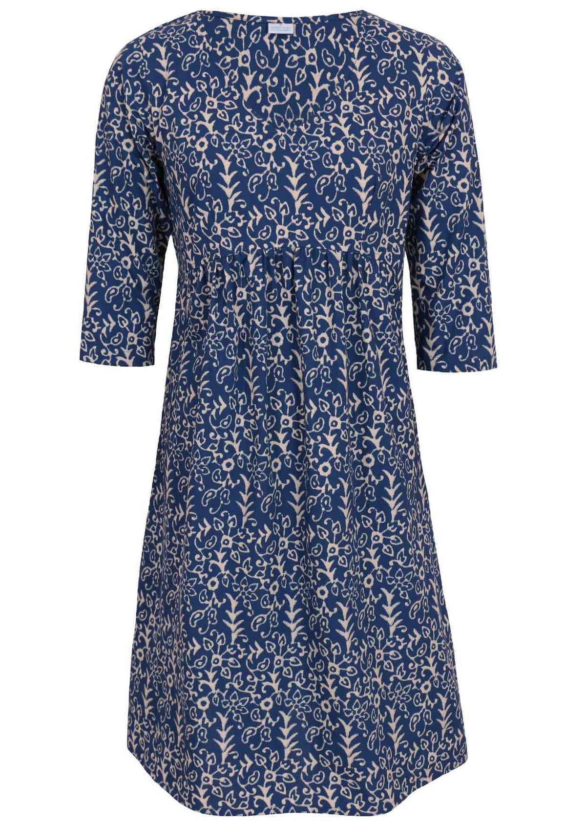 Front mannequin photo of 3/4 sleeve cotton dress with small gathers in front, empire waistline and pockets