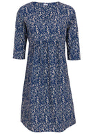 Front mannequin photo of 3/4 sleeve cotton dress with small gathers in front, empire waistline and pockets