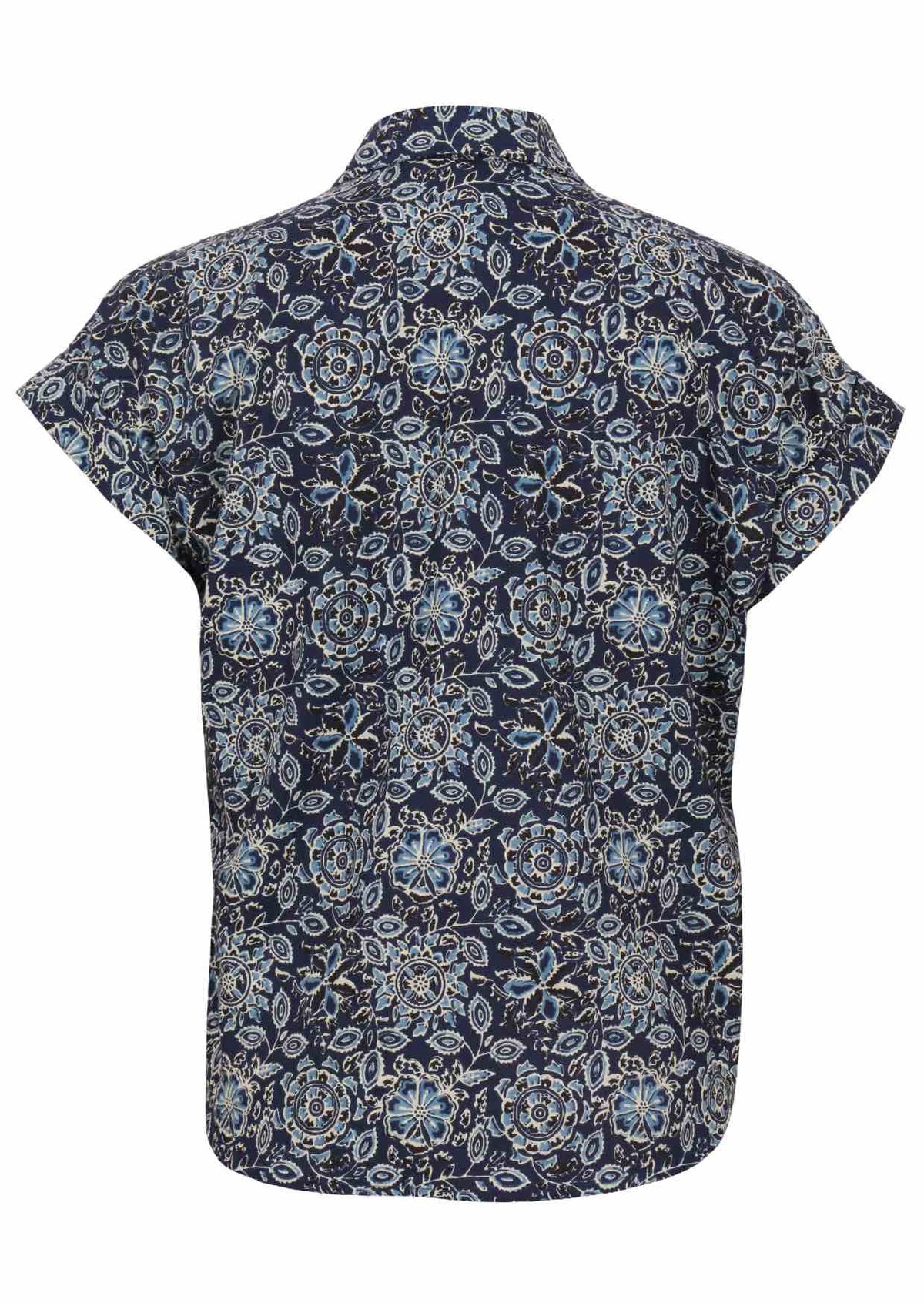 Lightweight 100% cotton top in navy blue with V neckline, collar and short folded sleeves