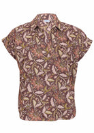 100% cotton short sleeved relaxed fit cotton top with V-neckline, collar and folded cuff sleeves 