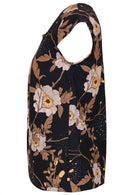 Side view of cotton tailored top with cap sleeves in beautiful floral print on black base
