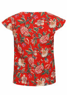 Red floral cotton top with cap sleeves and centre back seam