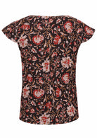 Black based traditional Indian floral print cotton top on a white background.