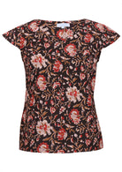 Black based traditional Indian floral print cotton top with round neckline.