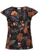100% cotton tailored top in black based botanical print with cap sleeves and round neckline with keyhole cutout