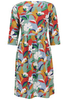 Front view of knee length cotton dress with wide round neckline and 3/4 sleeves.