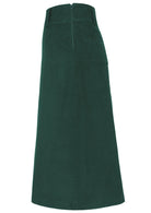 Side view of green A-line midi length cotton corduroy skirt with belt loops and a side zip
