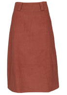 Front mannequin photo of midi length corduroy A-line skirt with belt loops and side zip in burnt henna colour