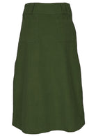 Back mannequin photo of green corduroy midi length skirt with belt loops and back pockets