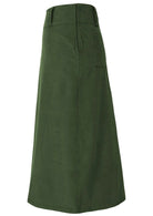 Side mannequin photo of green corduroy midi length skirt with belt loops and side zip