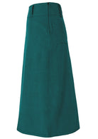 Side mannequin photo of teal corduroy midi length A-line skirt with belt loops and side zip