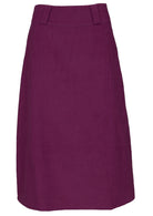 Front mannequin photo of plum purple corduroy midi length A-line skirt with belt loops