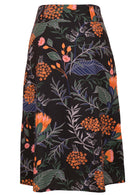 100% cotton mid-length A line skirt with belt loops in black based orange and pink floral print