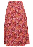 Japanese-style print cotton belt loop skirt in pink, maroon, brown, peach, and khaki tones.
