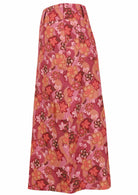 Japanese-style print cotton skirt in pink, maroon, brown, peach, and khaki tones with side zip.