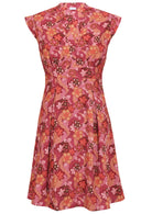 V-neck cotton dress with Japanese-style print in pink, maroon, brown, peach, and khaki tones.