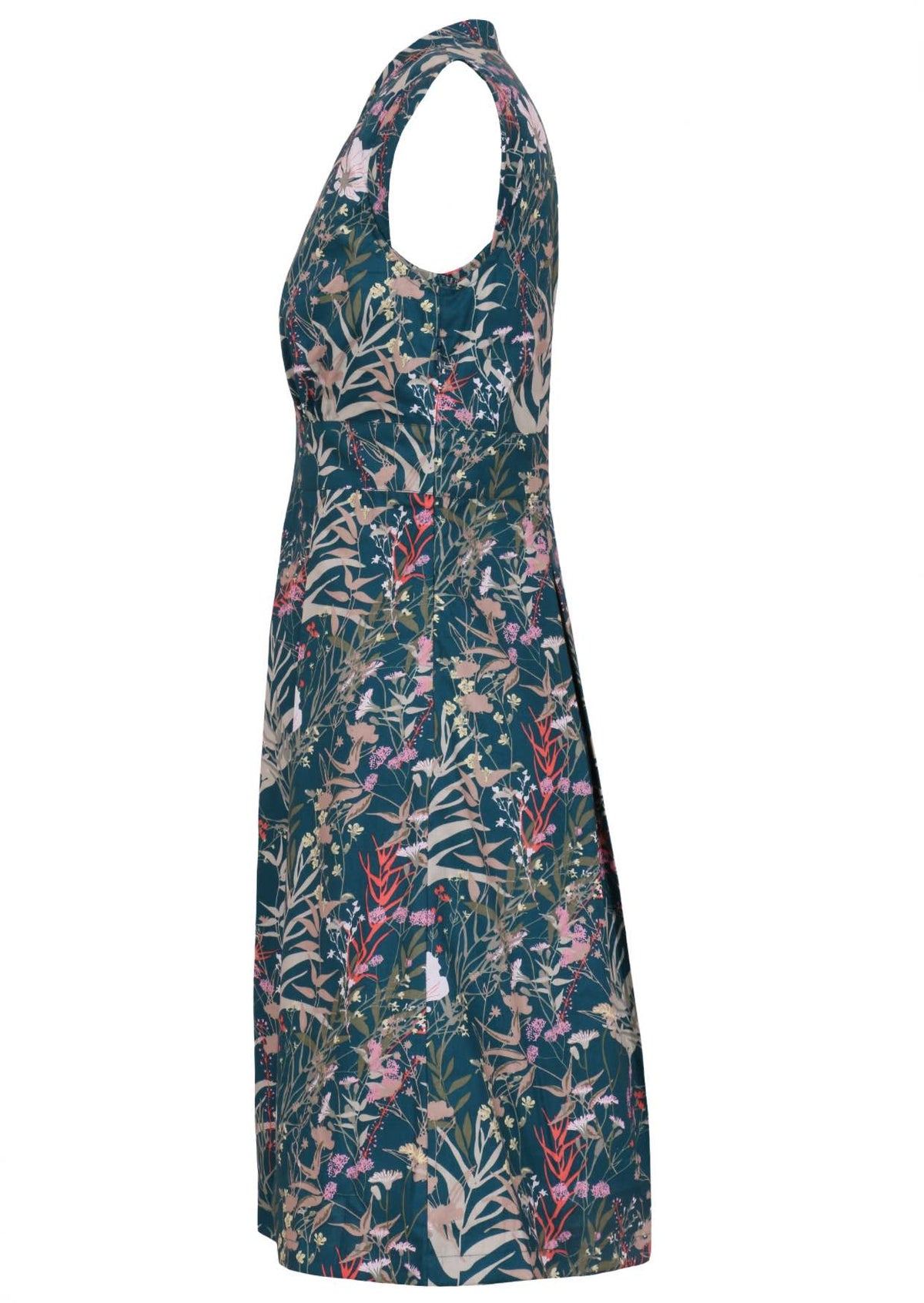 Side view of 100% cotton dress with side zipper, cap sleeves and A line skirt in teal based floral print