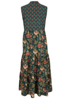 Back view of 100% cotton sleeveless maxi dress with 3 tiered skirt, mandarin collar and buttoned bodice
