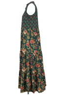 100% cotton sleeveless maxi dress with hidden side pockets and sweet floral print on bottle green based.