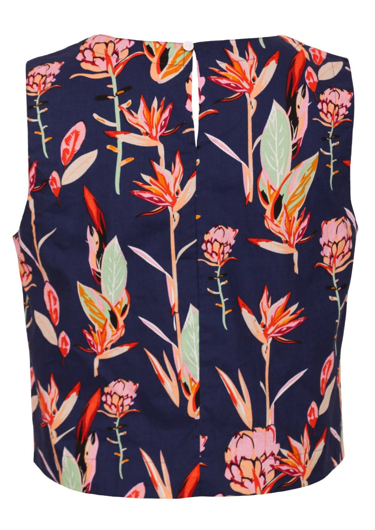 100% cotton sleeveless top with pink and green native floral print.