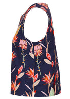 Navy blue based relaxed fit sleeveless top with bust darts.