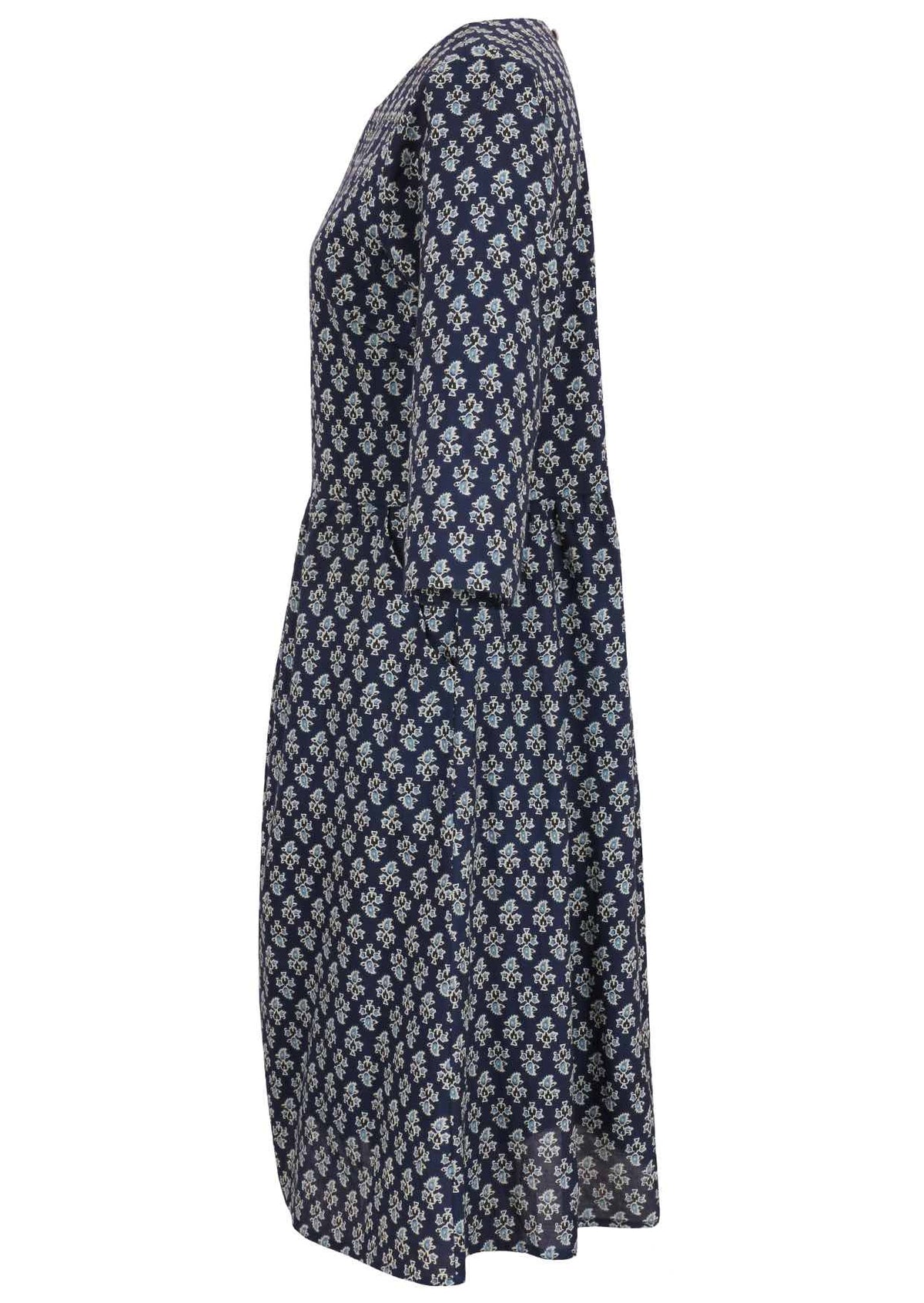 Navy blue floral print cotton dress with 3/4 sleeves, pockets and wide round neckline.