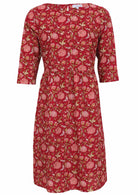 100% cotton dress featuring beautiful pink floral print on red base, wide round neckline and 3/4 sleeves.
