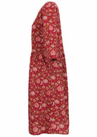 Relaxed fit knee length cotton dress in bright red and pink colours with 3/4 sleeves.