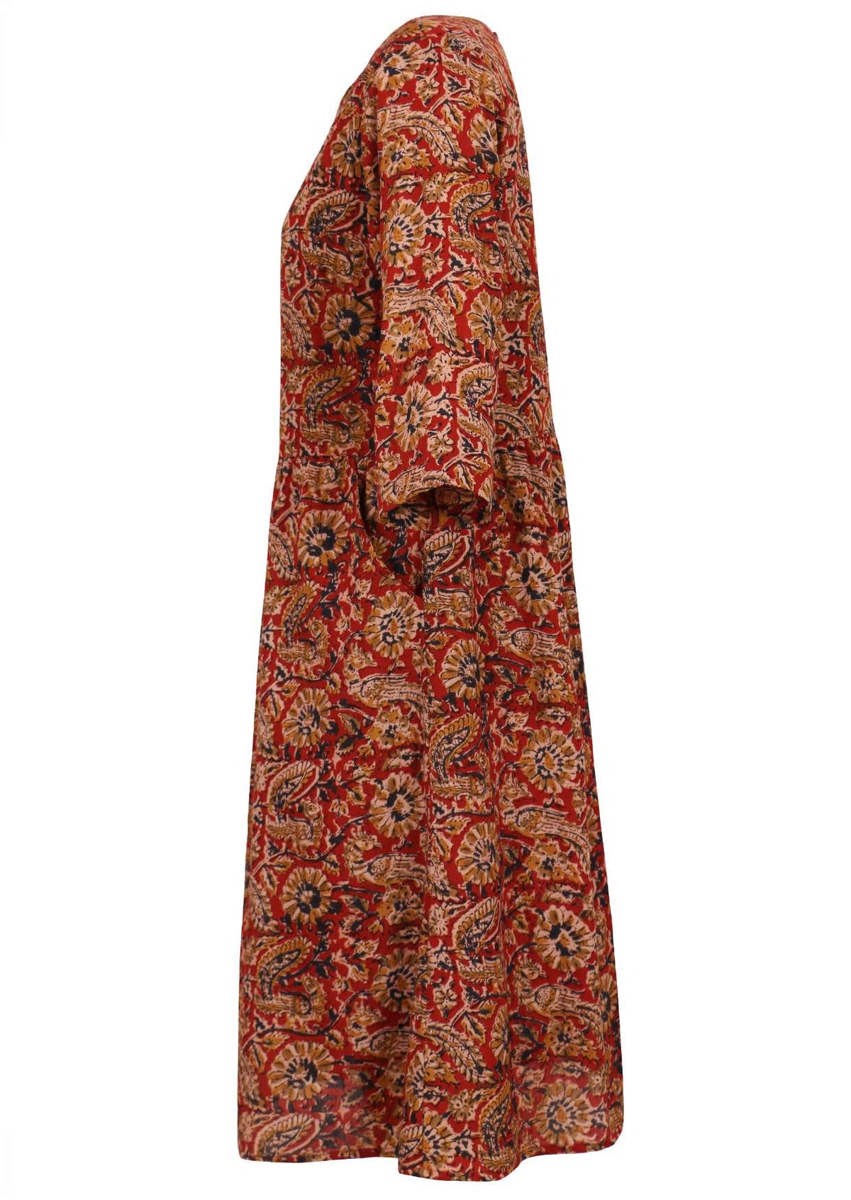 Side image on lightweight, knee length cotton dress with beautiful floral print, 3/4 sleeves and side pockets.