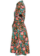 100% cotton shirt style maxi dress with removable fabric waist tie and side pockets in a olive green based print