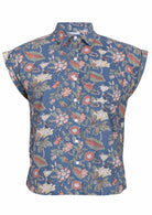 Cotton slim fit cap sleeved button through shirt with collar, shell buttons and one chest pocket 