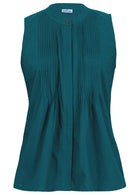 Sleeveless cotton in deep teal top with tiny decorative pleats across bust and buttons