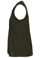 Side view of sleeveless plain green cotton top with high round neckline and flare under the bust 
