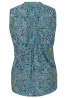 Back view of aqua blue sleeveless top with vertical decorative pleats at the center of the back 