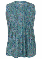Sleeveless light blue cotton top with button up collar, vertical small pleats and flared hem.