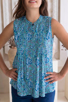 close up of aqua cotton blouse pin tuck collar detail 