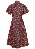 100% cotton shirt style dress with short sleeves in bright red floral print on navy blue base.
