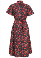 100% cotton button through shirt dress with collar, short sleeves and wide removable waist tie.