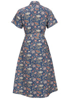Back view of 100% cotton lightweight button through dress with collar, short sleeves and fabric tie