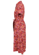 Warm-toned Japanese-style print cotton dress in pink, maroon, brown, peach, and khaki with a collar neck.