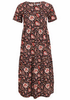 Black based traditional Indian floral print cotton dress with round neckline.