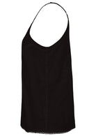 Black cotton camisole top with adjustable spaghetti straps, a V-neckline and picot trim, side view