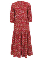 Front mannequin photo of tiered maxi dress with buttoned bodice and 3/4 sleeves