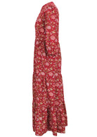 Side mannequin photo of tiered maxi dress with 3/4 sleeves and hidden side pockets