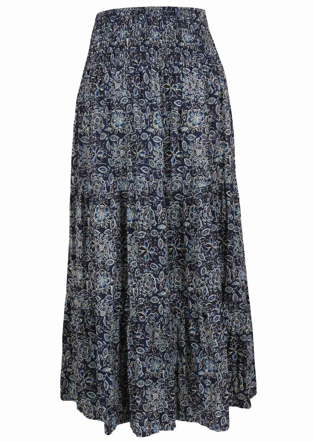 Navy blue based floral print skirt on a white background.