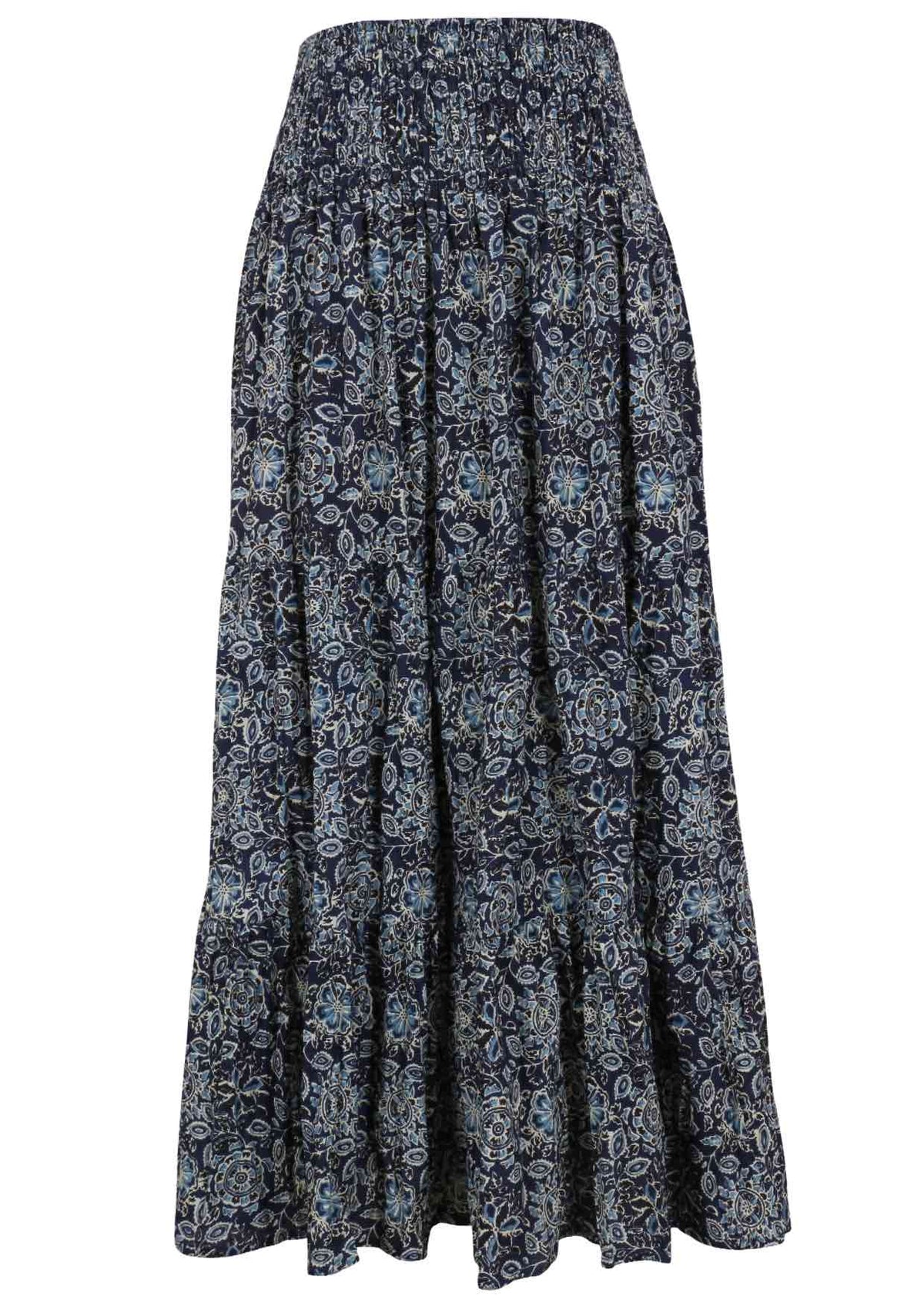 Floral patterned cotton skirt on a navy  blue base floral print with elasticised waistband.